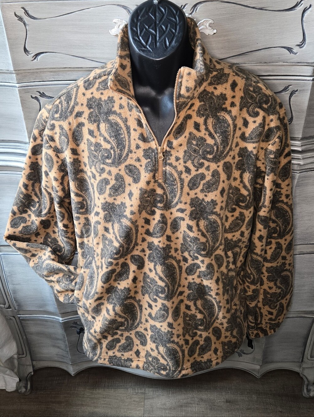 Original Use Paisley Half-Zip Fleece Sweater in Camel and Dark Gray